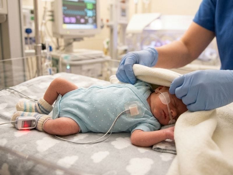Premature baby in NICU wearing soft cotton clothes