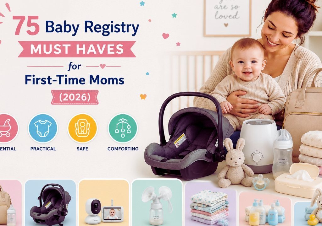Mother with newborn baby surrounded by baby registry essentials including diaper bag, car seat, baby monitor, breast pump, baby clothes, and nursery accessories for first-time moms in 2026. Alt Text: Mother with newborn baby surrounded by baby registry essentials including diaper bag, car seat, baby monitor, breast pump, baby clothes, and nursery accessories for first-time moms in 2026.Baby Registry Must Haves for First Time Moms: 75 Essential Items (2026)