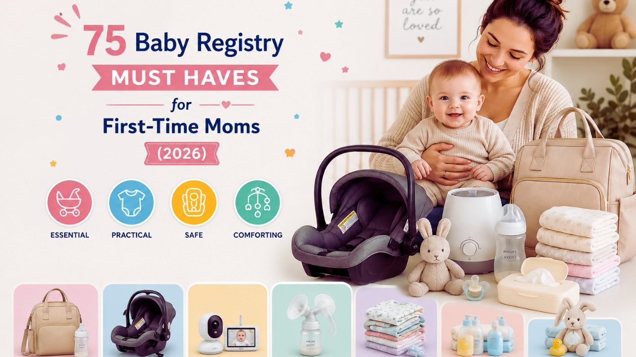 Baby Registry Must Haves for First Time Moms: 75 Essential Items (2026) 1 Mother with newborn baby surrounded by baby registry essentials including diaper bag, car seat, baby monitor, breast pump, baby clothes, and nursery accessories for first-time moms in 2026. Alt Text: Mother with newborn baby surrounded by baby registry essentials including diaper bag, car seat, baby monitor, breast pump, baby clothes, and nursery accessories for first-time moms in 2026.Baby Registry Must Haves for First Time Moms: 75 Essential Items (2026)