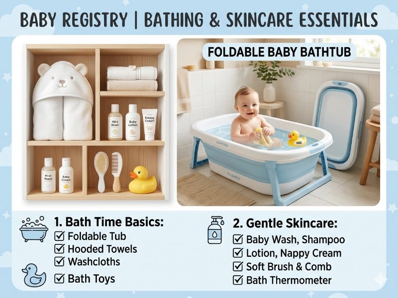 Baby Registry Must Haves for First Time Moms: 75 Essential Items (2026) 5 Baby bathing and skincare essentials with foldable baby bathtub.