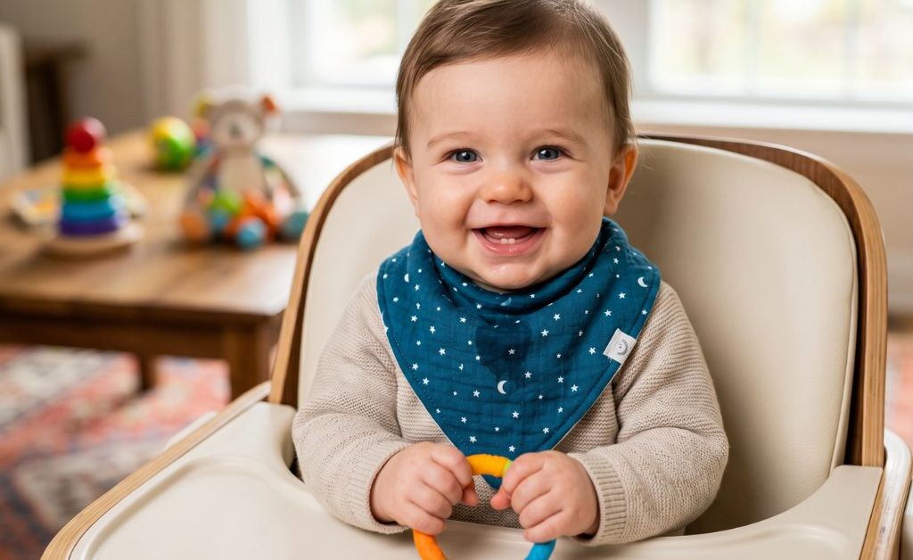 Best baby bibs for drooling babies worn by a smiling infant in a high chair