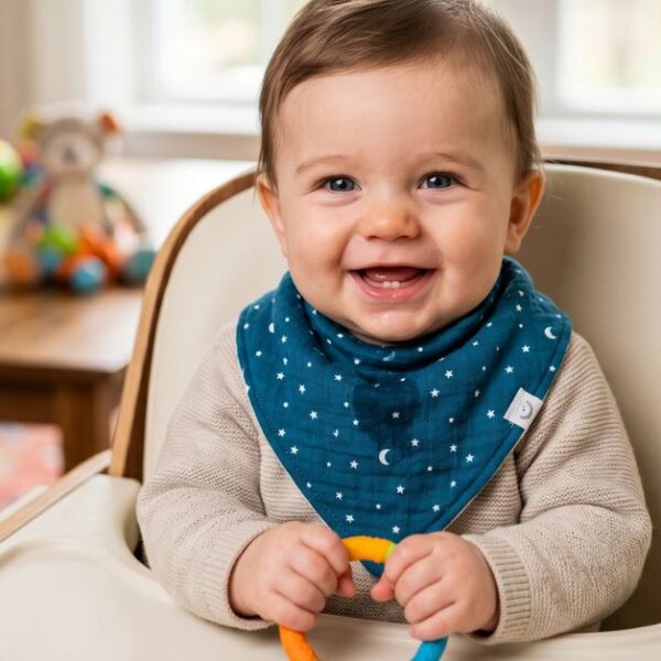 Best baby bibs for drooling babies worn by a smiling infant in a high chair