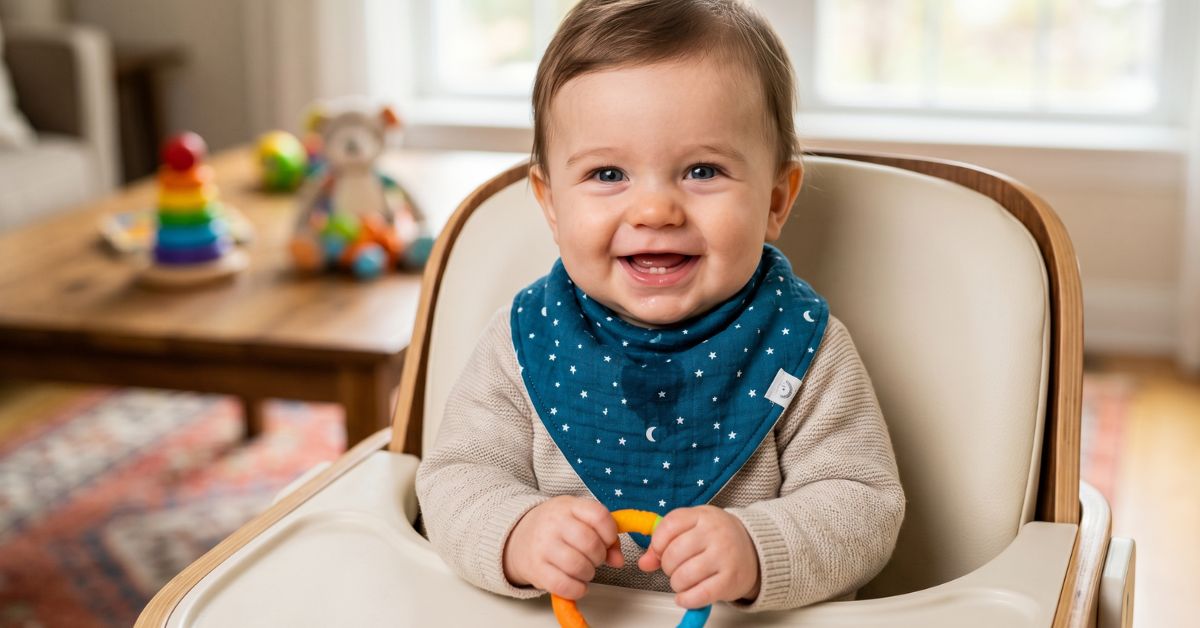 Best Baby Bibs for Drooling Babies in 2026 3 Best baby bibs for drooling babies worn by a smiling infant in a high chair