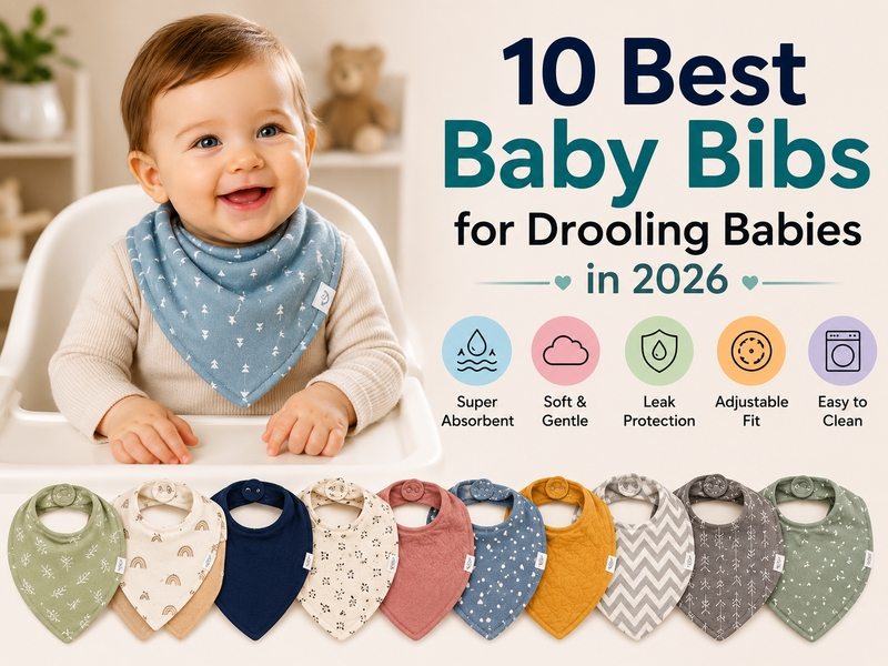 Best Baby Bibs for Drooling Babies in 2026 5 Happy baby wearing a bandana bib with a collection of the best baby bibs for drooling babies in 2026, including absorbent, soft, and waterproof options.