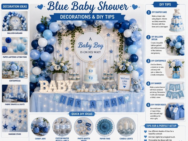 Blue Baby Shower Decorations and DIY Tips with Balloon Garland, Dessert Table and Baby Boy Party Decor