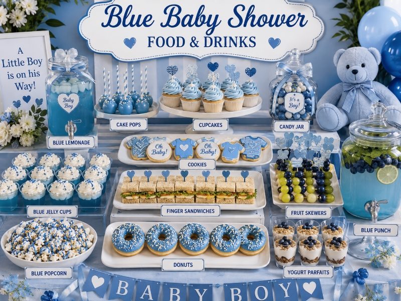 Blue Baby Shower Food and Drinks Table with Blue Lemonade, Cupcakes, Cookies, Donuts and Baby Boy Party Treats