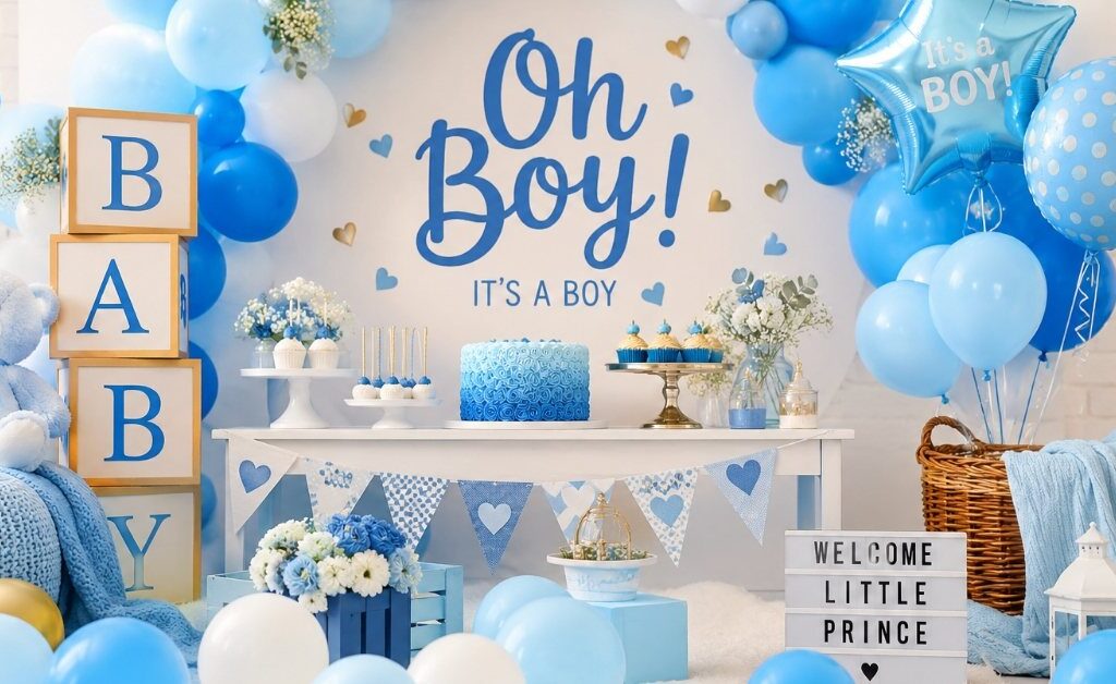 Blue Baby Shower Ideas for Baby Boy with Elegant Balloon Decoration and Cute Teddy Bear Theme