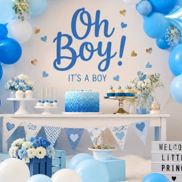 Blue Baby Shower Ideas for Baby Boy with Elegant Balloon Decoration and Cute Teddy Bear Theme