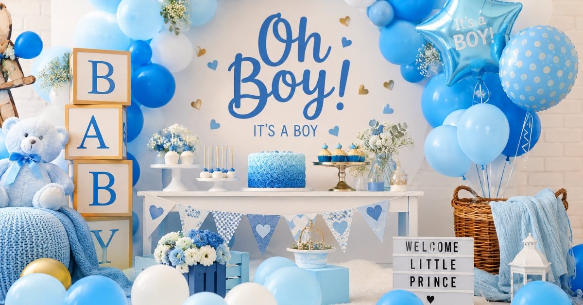 Blue Baby Shower Ideas for Baby Boy with Elegant Balloon Decoration and Cute Teddy Bear Theme