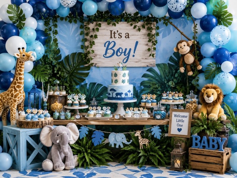 
Blue Jungle Safari Baby Shower Theme with Safari Animals, Balloon Garland and Baby Boy Decorations