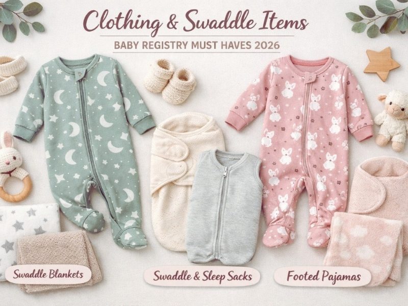 Baby Registry Must Haves for First Time Moms: 75 Essential Items (2026) 6 Baby clothing essentials with zipper sleepers, swaddles, and footed pajamas.