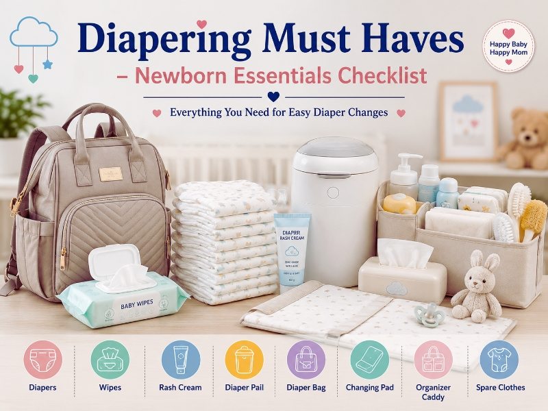 Baby Registry Must Haves for First Time Moms: 75 Essential Items (2026) 4 Newborn diapering essentials with diapers and backpack diaper bag.