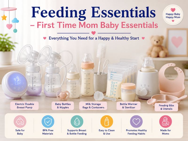 Baby Registry Must Haves for First Time Moms: 75 Essential Items (2026) 3 Baby feeding essentials with electric double breast pump and bottles.