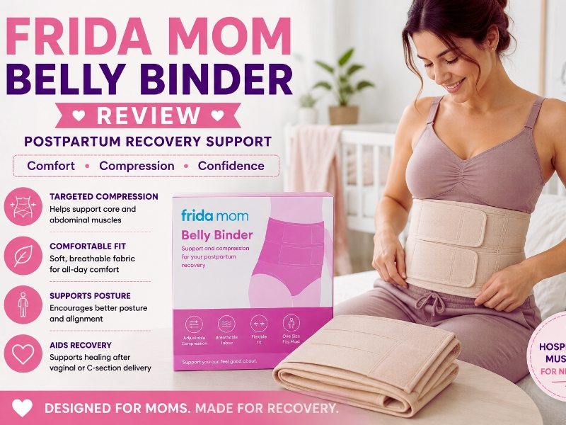 Frida Mom Belly Binder review showing adjustable postpartum abdominal support wrap for recovery after childbirth