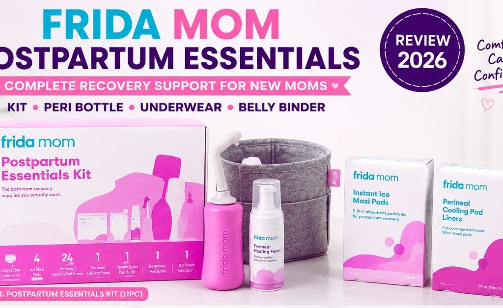 Frida Mom Postpartum Recovery Essentials Kit Review 2026 featuring postpartum kit, peri bottle, underwear and belly binder for new moms