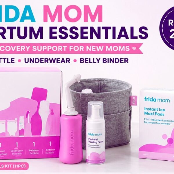 Frida Mom Postpartum Recovery Essentials Kit Review 2026 featuring postpartum kit, peri bottle, underwear and belly binder for new moms