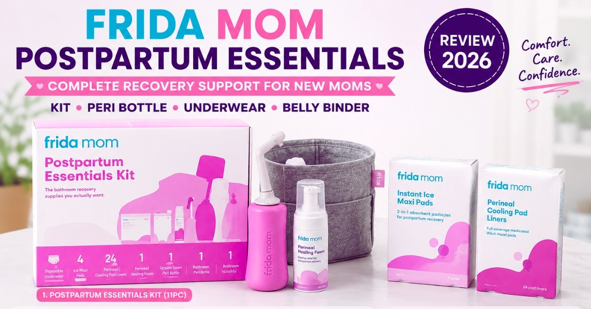 Frida Mom Postpartum Recovery Essentials Kit Review 2026 featuring postpartum kit, peri bottle, underwear and belly binder for new moms