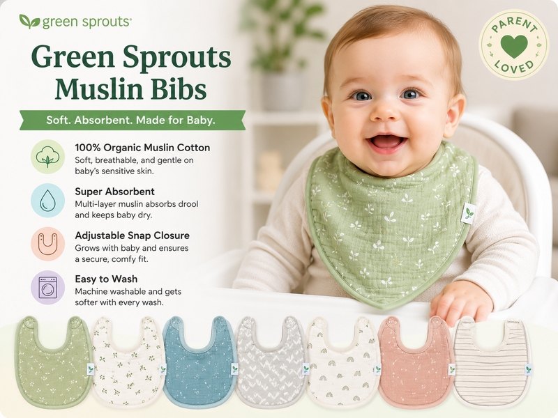 Best Baby Bibs for Drooling Babies in 2026 6 Happy baby wearing a Green Sprouts Muslin Bib made from organic cotton, designed for drooling babies with superior absorbency and comfort.