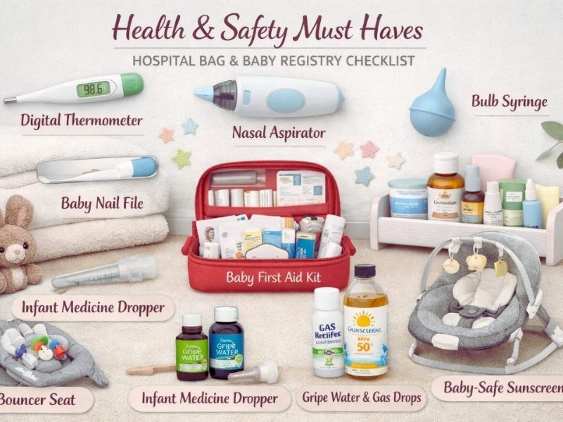 Baby Registry Must Haves for First Time Moms: 75 Essential Items (2026) 9 Baby health and safety essentials with thermometer, nasal aspirator, and first aid kit.