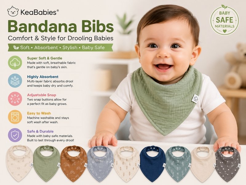 Best Baby Bibs for Drooling Babies in 2026 7 Smiling baby wearing a KeaBabies Bandana Bib made from soft absorbent fabric, designed for drooling and teething babies.