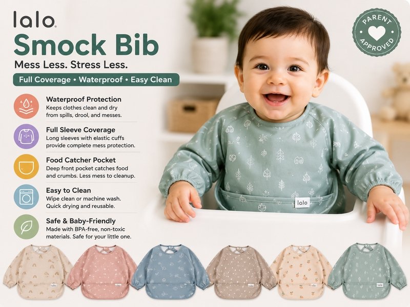 Best Baby Bibs for Drooling Babies in 2026 8 Happy baby wearing a waterproof Lalo Smock Bib with full sleeve coverage, designed to protect clothes from spills, drool, and feeding messes.