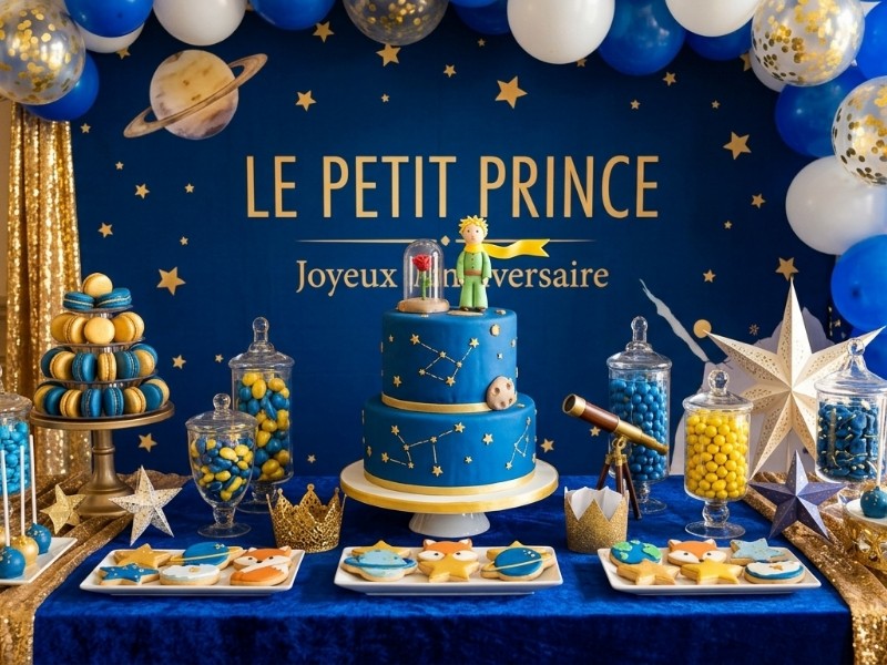 Little Prince Blue Baby Shower Theme with Royal Blue Decorations, Balloon Arch and Elegant Dessert Table