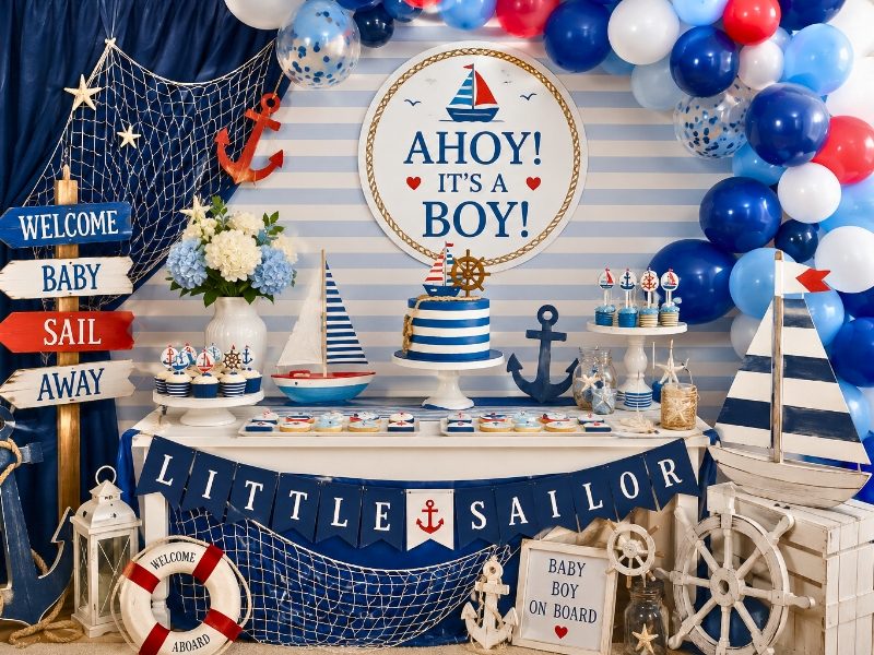 Nautical Adventure Blue Baby Shower Theme with Sailboat Decorations, Balloon Arch and Ocean-Inspired Dessert Table