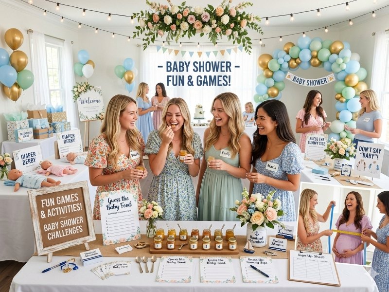 group of women playing fun game and activities at a nautical-themed baby shower party ideas