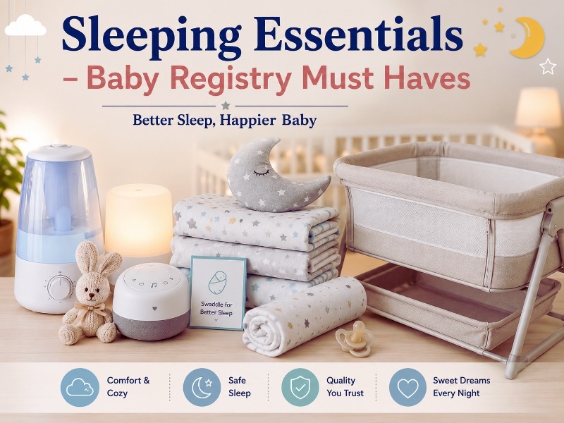 Baby Registry Must Haves for First Time Moms: 75 Essential Items (2026) 2 Baby sleeping essentials including bassinet, swaddle blankets, sound machine, humidifier, night light, and nursery sleep accessories for newborn babies.