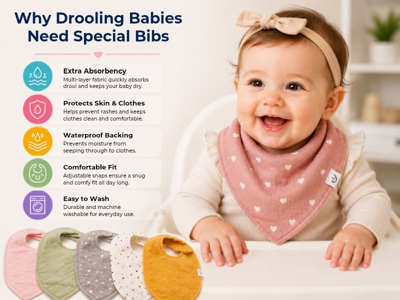 Best Baby Bibs for Drooling Babies in 2026 4 Smiling baby girl wearing a pink bandana bib while sitting in a high chair, demonstrating the benefits of special drooling bibs for absorbency, skin protection, and comfor