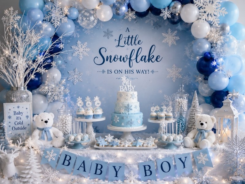 
Winter Wonderland Blue Baby Shower Theme with Snowflake Decorations, Blue Balloons and Baby Boy Dessert Table