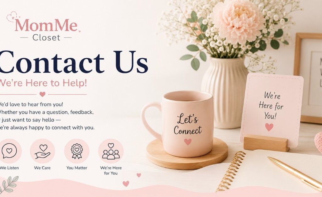 Contact us 1 Minimal Contact Us feature image for MomMe Closet with a soft pastel workspace and welcoming design for parents and families.