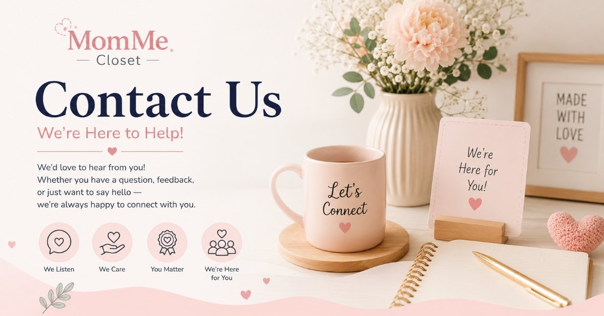 Contact us 3 Minimal Contact Us feature image for MomMe Closet with a soft pastel workspace and welcoming design for parents and families.