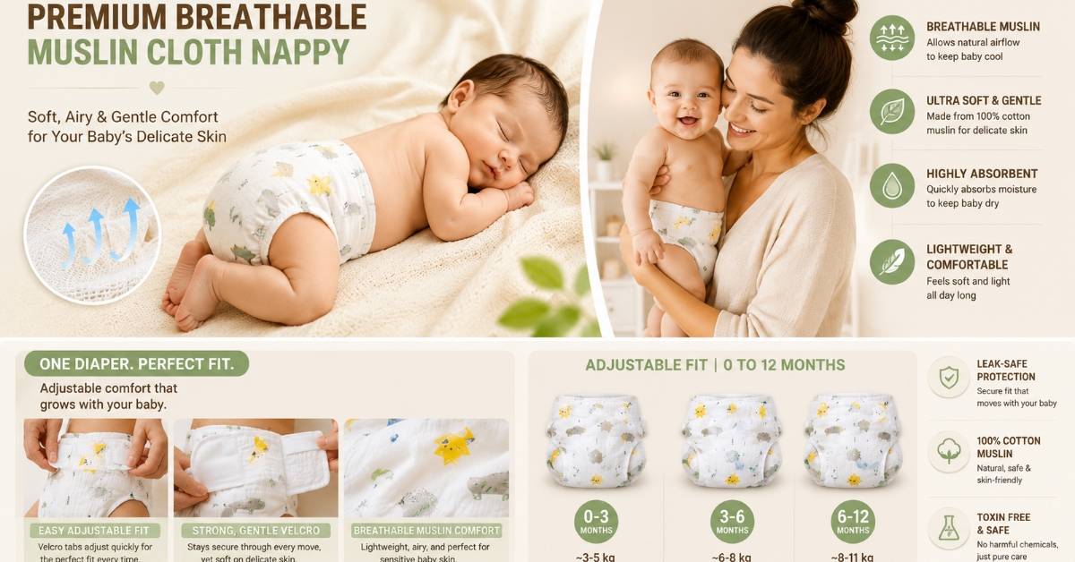 Breathable muslin cloth nappy with soft cotton fabric for newborn babies.