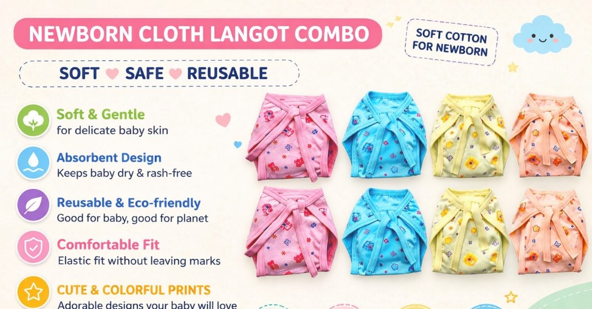 newborn cloth langot combo 8 pieces in multicolor made from soft breathable cotton fabric, reusable baby nappies for newborns with comfortable tie-up design.