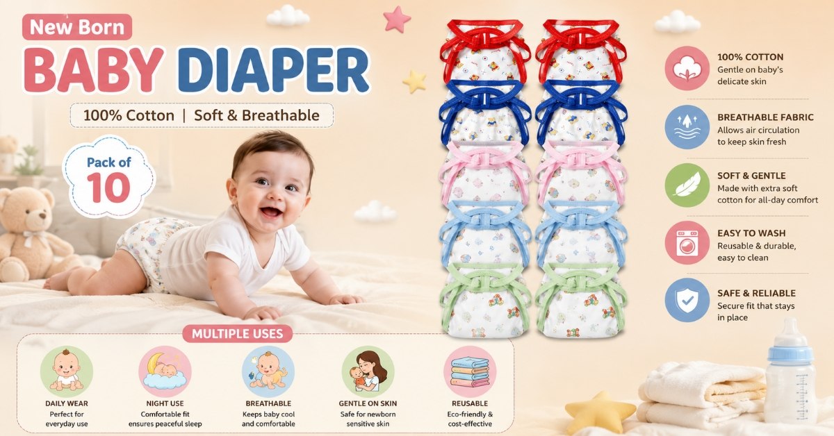 Pack of 10 newborn cotton cloth diapers made from soft, breathable fabric for everyday baby comfort.