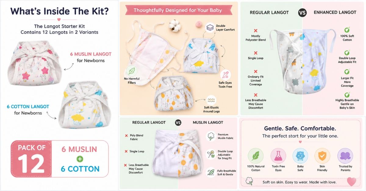 Pack of 12 newborn baby langot kit featuring 6 muslin langots and 6 soft cotton langots with breathable fabric, adjustable fit, and gentle comfort for newborn babies.