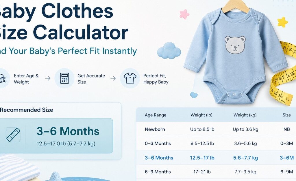post) baby clothes size calculator tool showing size by weight and age