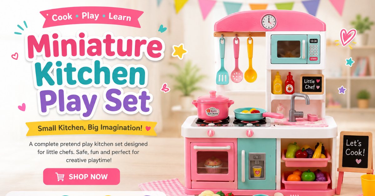 Miniature kitchen play set for girls with tiny stove, cookware, utensils and pretend food accessories