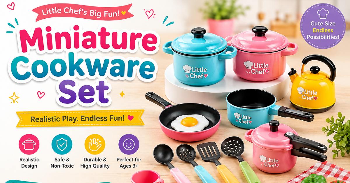 Miniature cookware set with tiny pots, pans and baking trays for kids pretend play kitchen