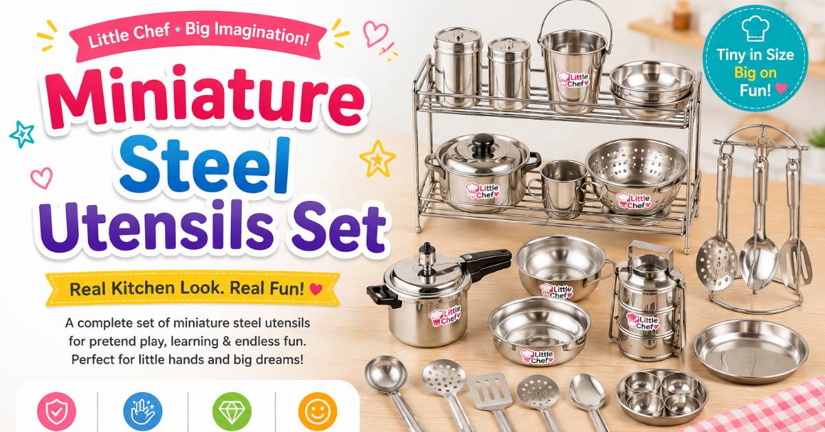 Miniature steel utensils set with small spoons, spatula and whisk for dollhouse kitchen pretend play